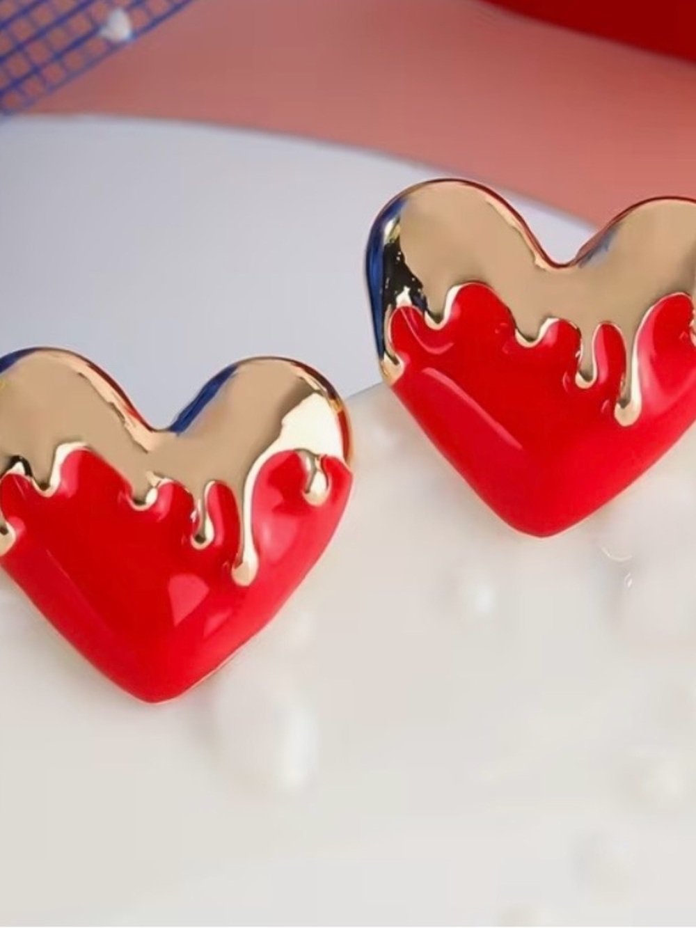 Gold-Trim Red Heart Stud Earrings - Women Jewelry
